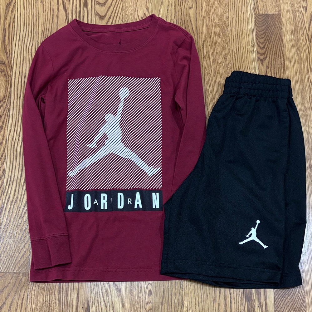 Jordan Maroon Long Sleeve and Black Shorts Set